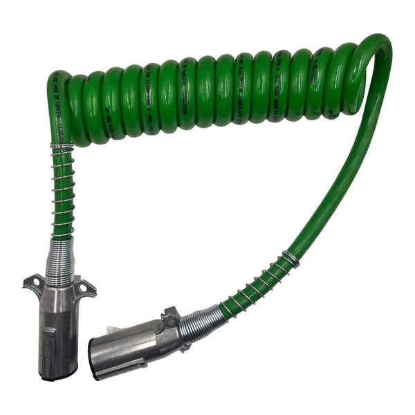 Green 15 ft coiled 7-pin ABS cable with long tail