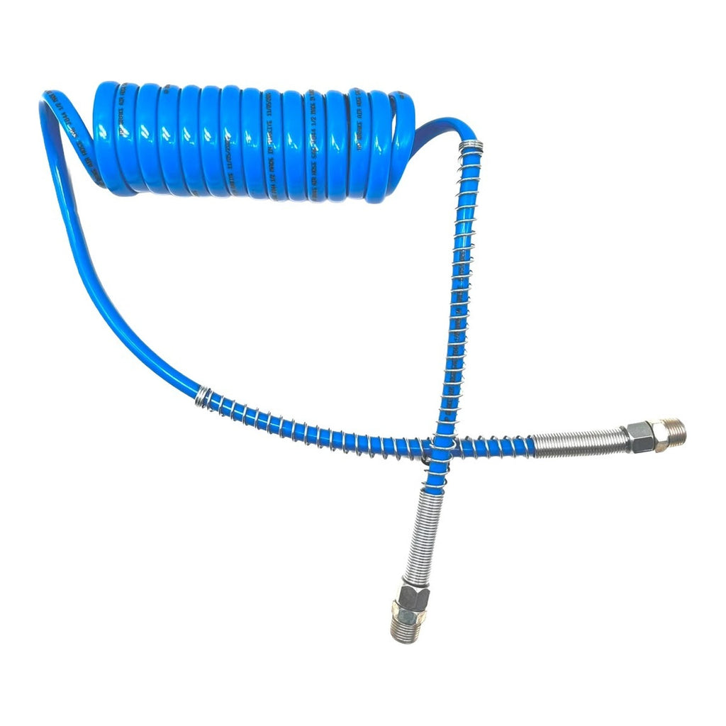 Blue 15 ft coiled air hose with long straight tail