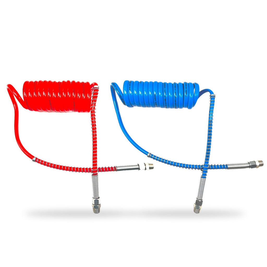 Red and blue 15 ft coiled air hose set with long tails